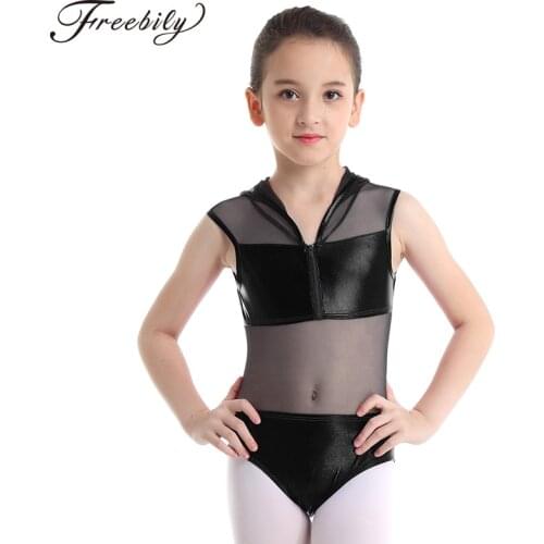 Kids Sleeveless Shiny Metallic Hoodie Mesh Patchwork Zipper Closure Professional Ballet Gymnastics Leotards for Girls Dance Wear