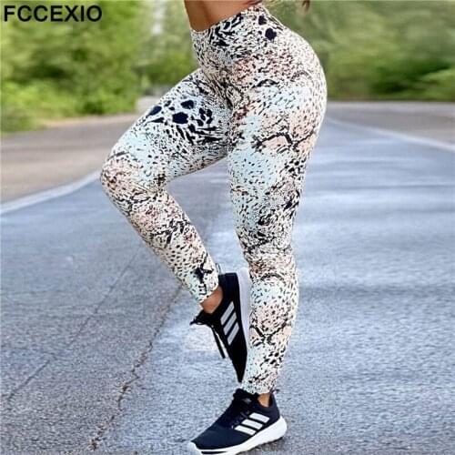 FCCEXIO Snakeskin Retro 3D Print Womens Pants Push Up Running Sports Leggings Slim Pants Female Casual Trousers Fitness Legging