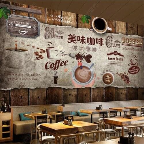 Custom Retro Nostalgic Wood Board Cafe Wall Paper 3D European and American Hand Painted Coffee Shop Background Wallpaper 3D
