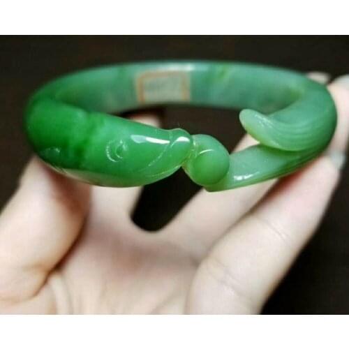 H37#Russian material Hetian jade white plus green jasper fish carved bracelet