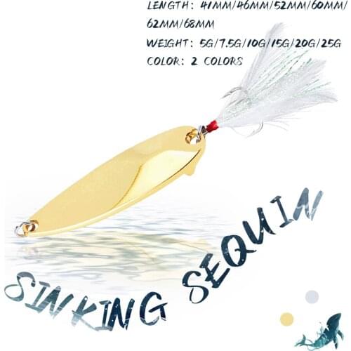 KoKossi 1PCS 5g/7.5g/10g/15g/20g/25g Sequins Fishing Lure Sinking Spoon Metal Baits Feathers Hooks Artificial Hard Fishing Tool