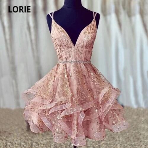 LORIE Short Shiny Prom Dress with Corset V-Neck Ruffles Pink Party Dress for Holidays Graduation Cocktail Gown robe fete femme