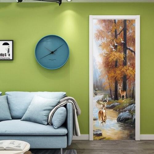 Creative Forest Deer DIY Door Wall Stickers Home Decor Living Room Kids Room Porch Art Mural Removable Waterproof PVC Wallpaper