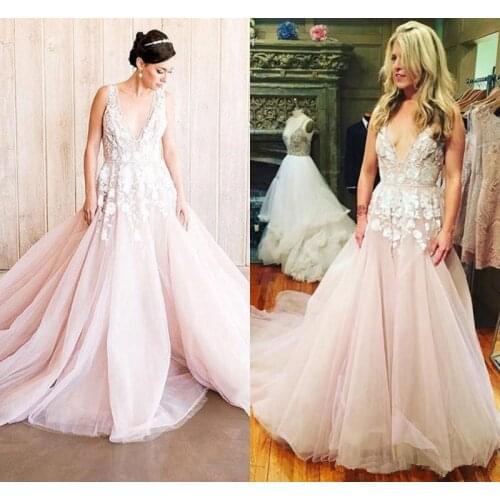 Deep V Neck Lace Applique Beach Wedding Dresses Covered Blush Pink Tulle Sweep Train Bridal Gowns Cheap Wedding gown Vestidos