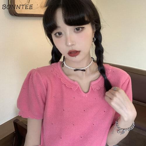 Summer Fashion T-shirts Women Solid Kawaii Japanese Style Knitted Crop Tops Puff Sleeve Loose All-match College Elegant Female