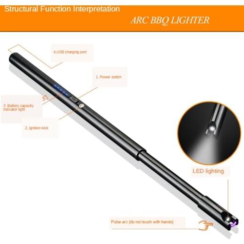 Kitchen Multifunction Lighter Windproof USB Recharge LED Lighting with Safety Lock Camping BBQ Cooking Gas Stove Ignition Stick