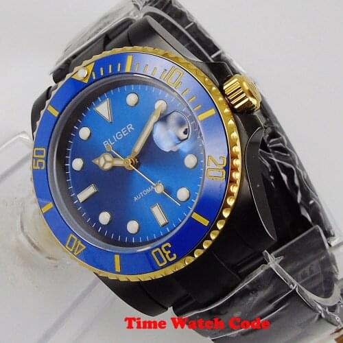40mm Bliger PVD coated Automatic Movement NH35 Mens Wristwatch blue Dial Sapphire Date indicator luminous marks roating bezel