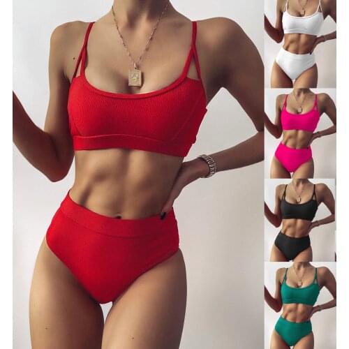 New High Waist Solid Bikinis Swimsuits Bandeau Swimwear Women Push Up Bikini Set Two Pieces Beachwear Sports Beach Bathing Suit