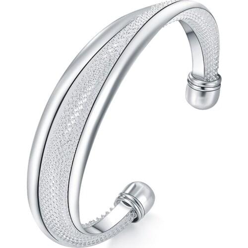 925 sterling silver womens wedding open bracelet mens popular beveled edge net jewelry Valentines day lover birthday gift