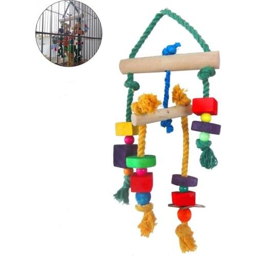 Pets Bird Parrot Color Hanging Pendant Wooden Blocks Cotton Durable Rope Hanging Chewing Playing Pastoral Style Design Bite Toy
