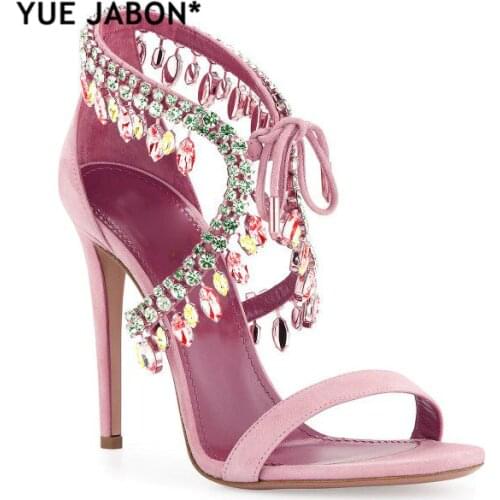 Luxury Diamond Crystal Embellished Fringed Suede Gladiator Sandals Women Ankle Tie Stiletto High Heels 10cm Women party shoes