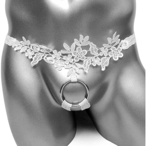 Sexy Floral Lace Men Low Rise Stretchy Panties with Cock Ring Gay G-String Underwear Jockstrap Open Butt Sissy Tanga Underpants