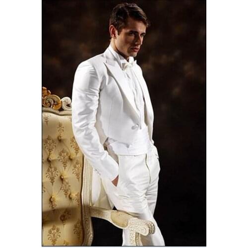 Custom Made Groomsmen White Tailcoat Style Groom Tuxedos Peak Lapel Men Suits Wedding Best Man ( Jacket+Pants+Girdle+Tie ) C250