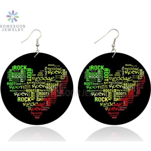 SOMESOOR Rock African Roots Heart Wooden Drop Earrings Black Sayings Both Sides Printing Afro Wood Dangle Jewelry For Women Gift