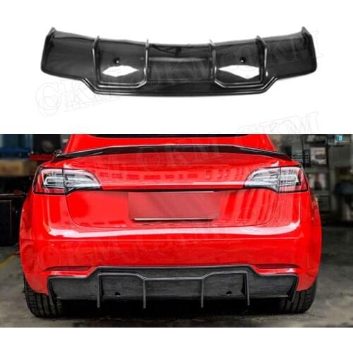 Dry Carbon Fiber Rear Lip Diffuser for Tesla Model 3 2018 2019 2020 FRP Fins Shark Style Skid Plate Car Bumper Guard