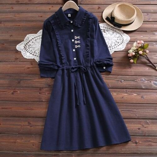 Spring Floral Embroidery Dresses Women Long Sleeve Green Elegant Vintage Corduroy Dress