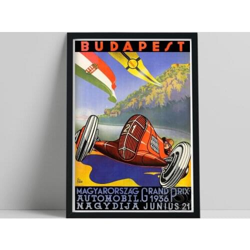 Budapest Hungary Vintage Travel Poster, 1936 Budapest Grand Prix Motor Racing Emil Gerster Prints, Racecar Decor, Car Fans Gift