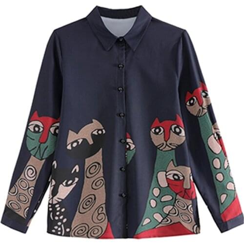 Plus size Vintage cat printing shirts Fashion Women Blouses 2020 spring Autumn Long Sleeve blouses Tops Clothes Blusas Mujer