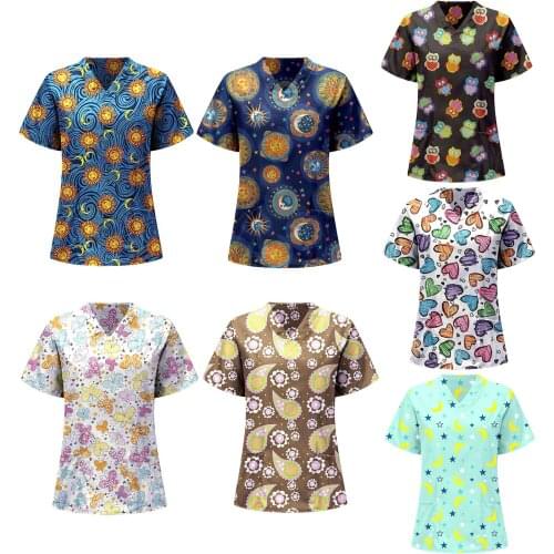 Women Short Sleeve V-neck Loose Working Uniform Colorful Printing Daily Shirt Comfortable Working Uniform T-Shirt Carer Top