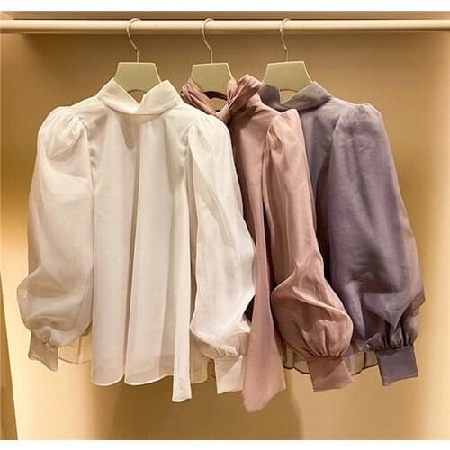 2020 autumn and winter Japanese new wild sweet round neck lantern sleeve tulle bow tie shirt top women