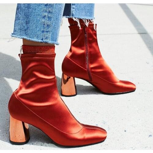 Hot Orange Red Fabric Women Sexy Ankle Boots Mirror Laser Chunky Heel Ladies Knight Boots 2018 Fashion High Heel Boots Size 42
