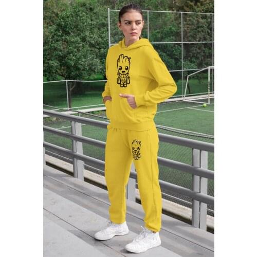 Angemiel Wear Groot Vector Women Tracksuit Set Yellow Hooded Sweatshirt Yellow Sweatpants