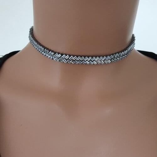 Art Deco Women Choker Necklace Baquette Black Silver Choker 925 Sterling Silver Made in TURKEY