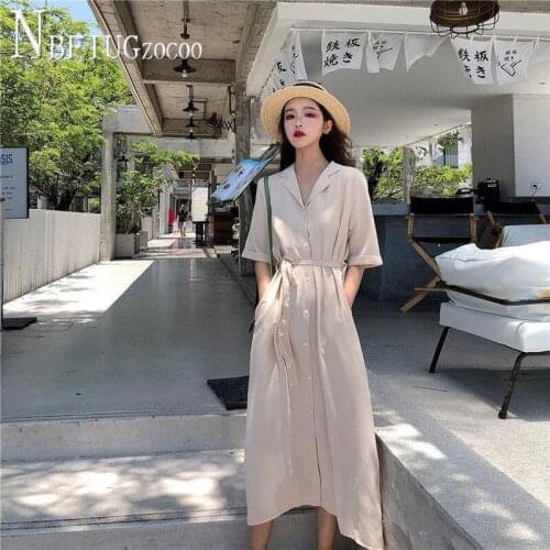 2020 Spring Summer Pocket Lapel Women Dress French Slit Female Dresses