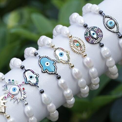 2020 Jewelry for unisex Couple Beaded Bracelets natural Freshwater Pearl Beaded Plastic Elastic Rope CZ Connector Charm Bracelet