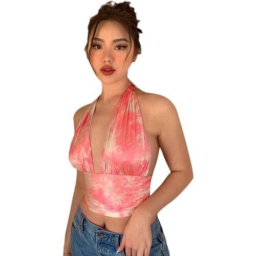 2021 TTie Dye Halter Bandage V-Neck Sexy Crop Tank Tops Party Bralette Women Fashion Streetwear Outfits Backless Camis Bar