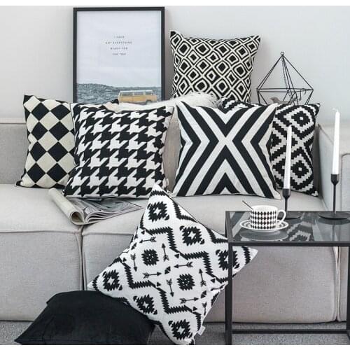 Home Decorative Cushion Cover Black White Canvas Cotton Square Embroidery PillowCover 45x45cm Sofa Bed Chair Cute White Pillow