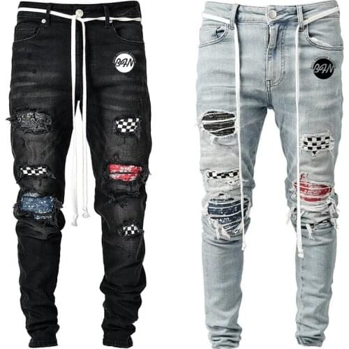 Men Skinny Jeans Ripped Grid Stretch The beggar Denim Pants Elastic Thin Denim Pants Hip-Hop Jogging Pencil Pants