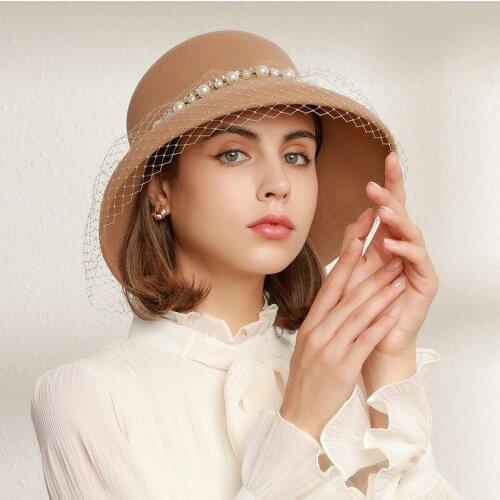 Europe, America, autumn and winter, England, retro temperament banquet wool felt hat, pearl lace top hat
