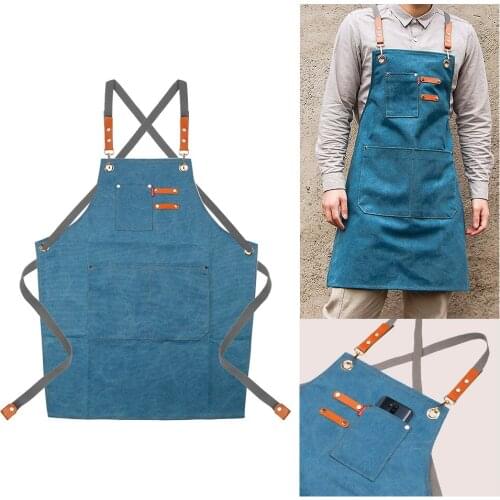 For Grill Restaurant Chef Work Apron With Pockets Canvas Kitchen Aprons Cafes Beauty Nails Studios Uniform New Fashion