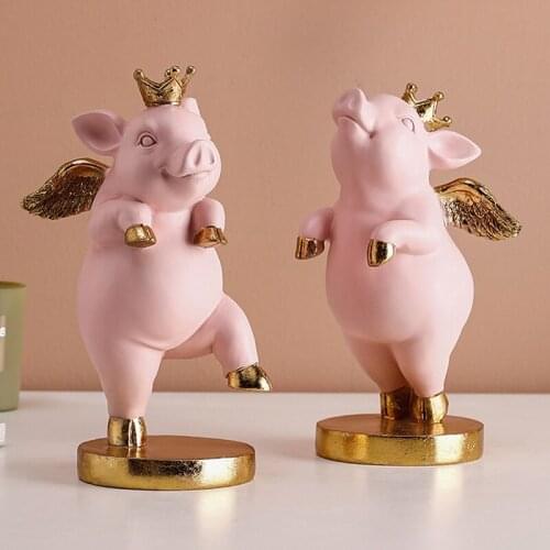 Exquisite Pastoral Style Fun Golden Wings Pink Piggy Desktop Decoration Art Abstract Sculpture Ornaments
