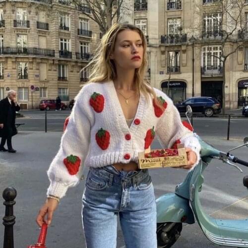 Jastie Winter Fashion Womens Cardigans 2021 Strawberry Pattern Single-Breasted V-Neck Puff Sleeve Loose Sweater кардиган
