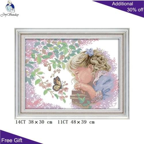 Joy Sunday Lovely Girl RA037 14CT11CT Counted and Stamped Home Decor The Little Girl With Butterfly Needlework Cross Stitch Kits