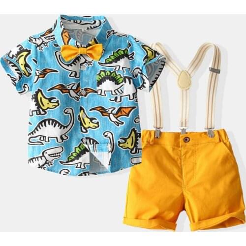 2021 Summer Kids Clothes Boys Cartoon Dinosaur Shorts Sleeve Tops+Overalls 2PCS Outfits Children Clothing