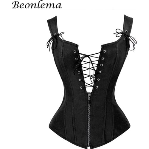 BEONLEMA Black Goth Faux Leather Corset Lace Up Top Sexy Bustier Deep V Neck Bustino Waist Trainer Espartilhos Corsets Mujer