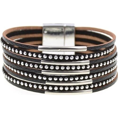Leather Bracelets for Women Metal Pipe Metal Bracelets & Bangles Retro Boho Multilayer Wrap Wide Bracelet Femme Jewelry