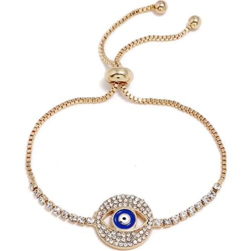Fashion Simple Gold Color Blue Evil Eye Shaped Crystal Hollow Adjustable Box Chain Bracelets for Women Girls Fashion Jewelry
