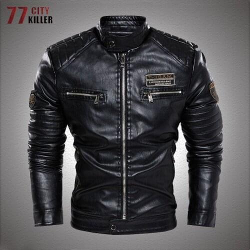 Motorcycle PU Leahter Jackets Men Military Winter Fleece Casual Leather Jacket Mens Stand Collar Slim Fit PU Windbreaker Coats