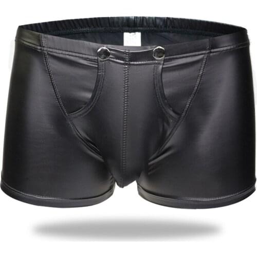 Sexy Hot Open Pouch Bag Sexy Men Faux Leather Boxer Shorts Black Underwear EroticBulge Enhancer Gay Man Underpants Jockstraps
