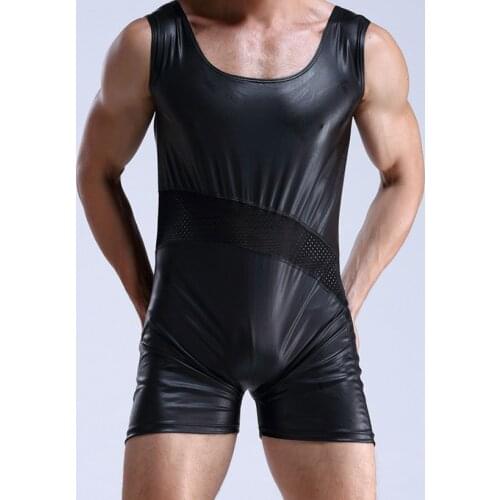 Mens Black Patent Leather leotard Faux Leather Latex Catsuit Sexy Lingerie Bodysuit Breathable Nightclub Sexy Shiny Underwear