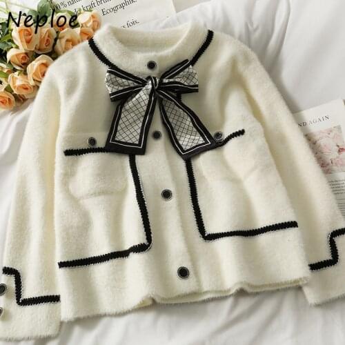 Neploe Bowknot Single Breasted Autumn Women Sweater Tops Loose Outer Wear Vintage Cardigan Female O-neck Knitted Jackets Mujer