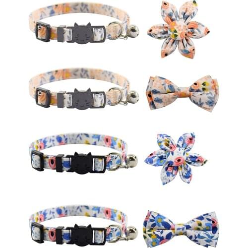 Breakaway Cat Collar with Bells and Sunflower Bowtie Adjustable Safety Kitten Collars Floral Patterns for Pet Accessories