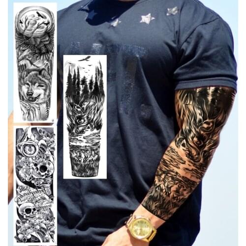 Realistic Forest Eagle Wolf Full Arm Fake Tattoo Sticker For Men Women Skull Birds Temporary Tattoos Sleeve Body Art Tatoo Paper