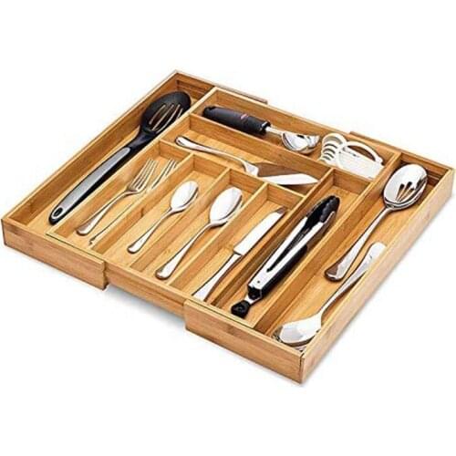 Adjustable New Design Anti-Slip Cutlery Tray Wooden Bamboo Receiving Box Cutlery Drawer Organizer Tool Organic Bamboo New Design