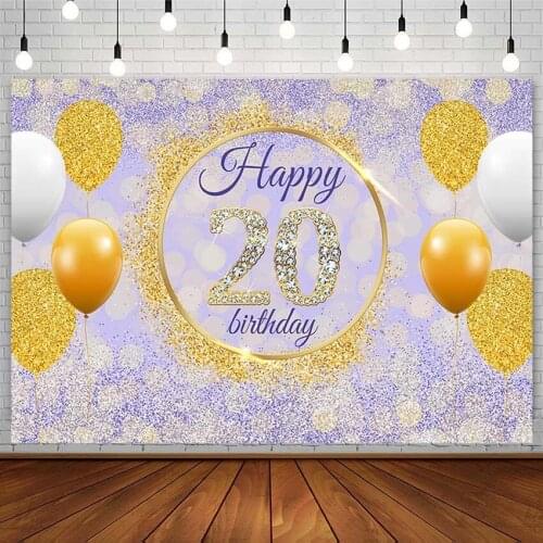 Happy 20th Birthday Party Backdrop Diamond Gold Balloon Round Decor Girl Purple Glitter Photography Background Studio Photophone
