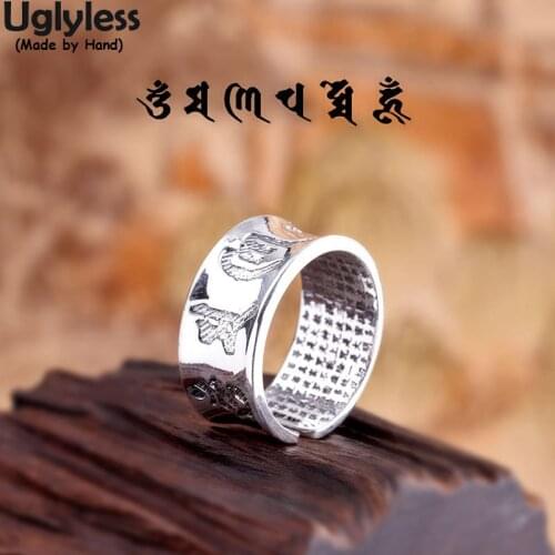 Uglyless Solid 999 Pure Silver Religious Rings for Women Concave Six Words Mantra Open Wide Rings Buddhistic Heart Sutra Jewelry
